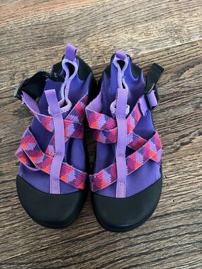 Chaco Kids Purple Sandals with Pink and Orange Patterned Straps